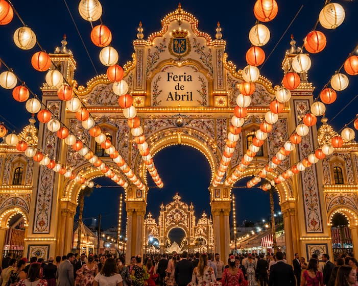 Farolillos iluminados en la portada de la Feria de Abril